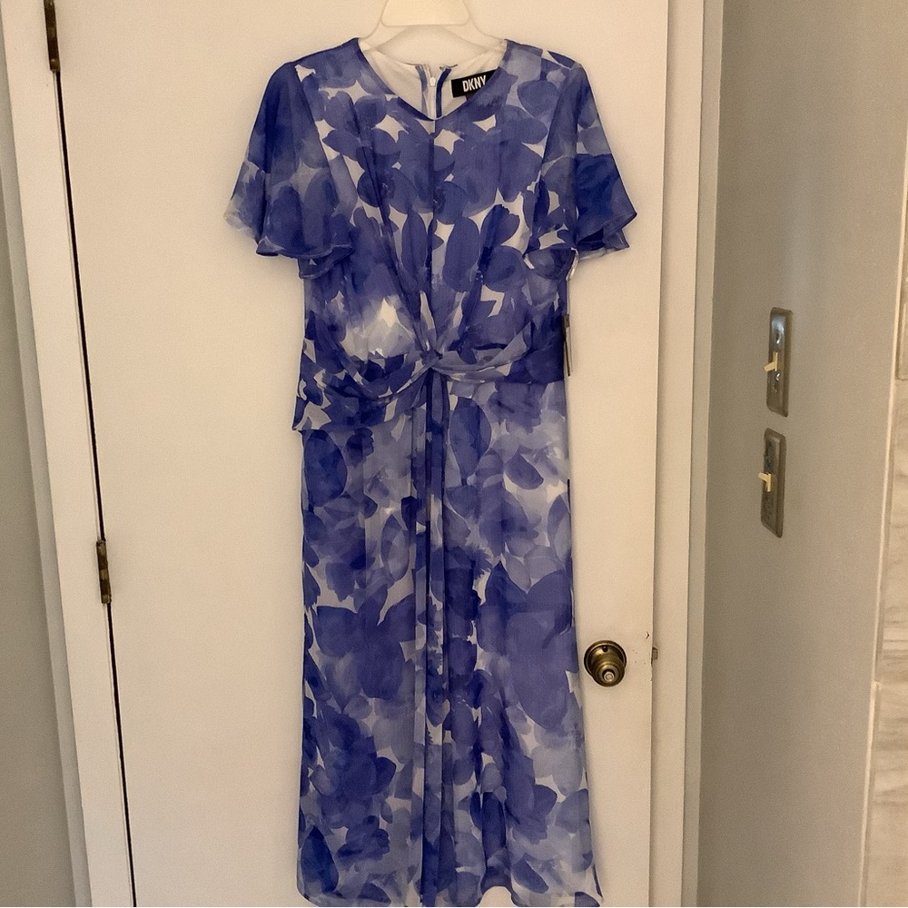 DKNY Blue and White Flutter Sleeve Maxi Sundress